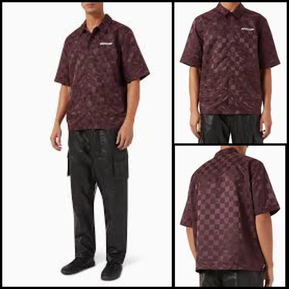 Kith Checkered Satin Reade Burgundy Edgy Retro Designer Button Front Shirt XL - Picture 1 of 15